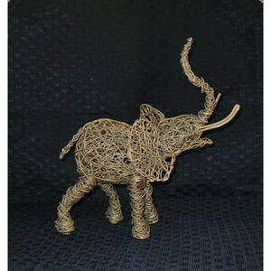 Handmade Wrapped Golden Wire Elephant Sculpture Metal Art Figurine Good Luck